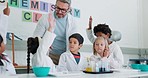 Raise hands, science and teacher with children for a project, test or experiment together. Question, chemistry and kid students learning a chemical reaction with a man scientist in a school lab.
