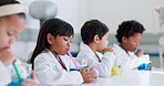 Science, chemistry and education with children in laboratory for research, learning and study. Future, knowledge and results with group of students and liquid in classroom for medicine and chemicals