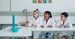 Science, experiment and reaction with students in a classroom for education, learning or development. School, study and wow with a group of kids in class laboratory for chemical test or research