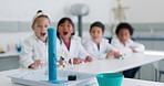 Science, experiment and reaction with children in a classroom for education, learning or development. School, study and laboratory with a group of student kids in class for chemical test or research