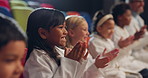 Clapping, science and happy group of kids in experiment, education or celebration of performance to study in laboratory. Applause, wow and scientist students smile for learning in kindergarten school