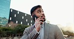 Phone call, communication and young businessman in the city for chat, discussion or talking. Technology, professional and male lawyer on a mobile conversation with cellphone in an urban town road.