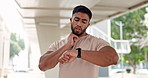 Sports man, watch and heart rate outdoor with timer to check healthy progress, breathing or wellness. Indian athlete, neck pulse and stopwatch for exercise results, cardio training or fitness in city