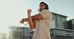 Fitness, stretching and man in city with headphones for listening to music, streaming audio and radio. Sports, sunrise and person warm up for marathon training, exercise and workout in urban town