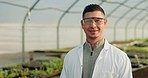 Scientist man, greenhouse and face for agriculture, vegetables or growth with pride at farm, sustainability and farming. Agro expert, leaves and garden for portrait, crops or ecology with development