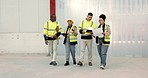 Construction team, planning and people on tablet for discussion, maintenance and manufacturing. Engineering, architecture and contractors on digital tech for storage warehouse, building or inspection