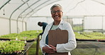 Scientist, woman and checklist of greenhouse plants, farming and agriculture inspection or quality assurance. Science expert, manager or face of farmer in food security, management and sustainability