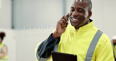 Speaking, architecture and black man with a tablet, calling and ...