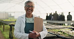 Scientist, checklist and face of woman in greenhouse for medical research. Portrait, botanist and science professional with clipboard for farming, plant agriculture and mature expert smile in glasses
