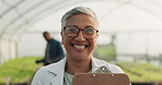 Checklist, science and face of woman in greenhouse for medical research. Portrait, botanist and professional scientist with clipboard for farming, plant agriculture and mature expert smile in glasses