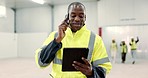 Talking, architect and black man with a tablet, calling and construction with conversation. Planning, employee and engineer with technology, communication and inspector with connection and contractor