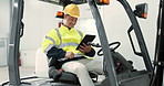 Tablet, industrial and forklift with man in warehouse for communication, social media and networking. Architecture, engineering and digital with person in factory for manufacturing and storage