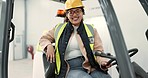 Woman face, engineering and foreman on forklift for building and construction project. Happy, warehouse employee and smile for renovation, industrial and factory transport on site for architecture 