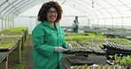 Greenhouse, farming and happy woman planting seeds for agriculture growth and natural development of sustainable business. Agro farm worker, smile and vegetables in soil for quality eco friendly food