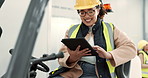 Tablet, engineering and forklift with woman in warehouse for communication, social media and networking. Architecture, industrial and digital with person in factory for manufacturing and storage