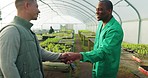 Farmer, team and handshake for greenhouse plants, agriculture or gardening with introduction and welcome. b2b people or entrepreneur shaking hands for farming deal, supply chain and agro business