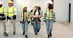 Construction, walking and people for planning, building and storage warehouse development. Engineering industry, teamwork and women workers in discussion for manufacturing, maintenance and inspection