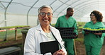 Scientist, woman and greenhouse management, farming or agriculture inspection, plants growth and agro teamwork. Face of science people, manager or farmer food development, gardening or sustainability