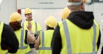 Factory, meeting and group with question for manager and safety inspection or industrial rules for people in workplace. Manufacturing, team or conversation with supervisor or training warehouse staff