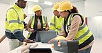 Engineering people, planning and teamwork on laptop at construction, building collaboration or blueprint. Industry or contractor team on technology, floor plan design or tools in architecture meeting