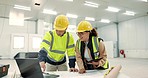 Engineering people, teamwork and technology for construction site planning, floor plan and building design. Industry man, woman and manager on computer, tablet and architecture or blueprint document