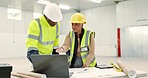 Engineering people, teamwork and laptop for construction site planning, floor plan management and building design. Industry man, woman and leader on computer for architecture or blueprint solution