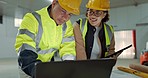 Engineering manager, team planning and laptop at construction site, blueprint design or collaboration meeting. Architecture people talking and teamwork on tablet and computer for building floor plan