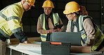 Architecture people, teamwork and blueprint at construction site, floor plan design and planning for building renovation. Engineering manager, woman or group on laptop and paper in industrial meeting