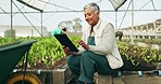 Greenhouse, plants and happy woman with tablet, sustainable small business and sales in agriculture. Digital app at vegetable farm, online report for growth and research in agro farming networking.