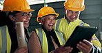 Engineering people, teamwork and tablet for architecture, online planning and software management in building. Industrial woman, leader or contractor on digital tech and happy for construction design