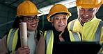 Engineering people, planning and teamwork on tablet for construction, building project or industrial management. Happy manager and team on digital technology, design software or architecture solution