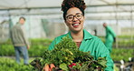 Farmer, woman and vegetables box of agriculture, sustainability or farming in greenhouse and agro business. Face of happy worker with gardening, green harvest or food development in groceries basket