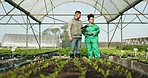 Handshake, tablet and farmers meeting in a greenhouse for sustainability communication or a deal. Thank you, planning and a man and woman with technology for agriculture, teamwork and gardening