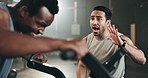 Man, cycling and personal trainer in motivation for fitness workout, exercise or training at the gym. Male person coaching or timing athlete on bicycle, machine or equipment in cardio at health club