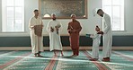 Islam, men and together in mosque for religion, spirituality or learning in Ramadan class for prayer to God. Muslim friends, family or people and community for culture, Eid Mubarak or praise to Allah