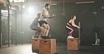 Gym, group and box jump for fitness, workout and cardio performance for balance, power and action. Strong people, friends and training on wooden boxes for exercise class, energy and sports challenge 