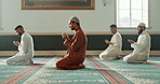 Islamic, praying and holy men in a Mosque for spiritual religion together as a group to worship Allah in Ramadan. Muslim, Arabic and people with peace or respect for gratitude, trust and hope