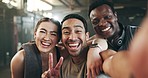 Happy people, friends and selfie in fitness, photography or memory together after workout at gym. Portrait of group smile in happiness for photograph, picture or social media at indoor health club