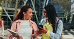 Girl friends, phone and happy on university campus outdoor with social media scroll. Conversation, student smile and women with mobile networking, web post and meme app with communication at college