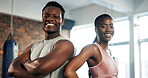 Gym, team and black people happy for exercise, training or personal trainer workout, boxing studio or cooperation. Coach portrait, teamwork partner and athlete smile, happiness or fitness development