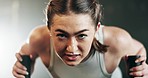 Woman at gym, weight sled and muscle building endurance, strong body and balance power in fitness. Commitment, motivation and bodybuilder in workout challenge for health and wellness on push machine.