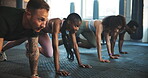 Fitness, gym and moving people in a class for exercise, cardio or training together. Diversity, friends and mountain climbers on the floor of a club with energy, sports or healthy during a workout