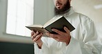 Muslim man, reciting and mosque for reading quran with faith, idea or culture for worship, praise or study. Islamic person, religion and peace in book, prayer and thinking for meditation in Palestine