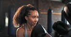 Boxer, sports gym and woman punch training, cardio support and power impact exercise, challenge or gym club performance. Action, fighter gloves and coach coaching boxing, hard work or partner workout
