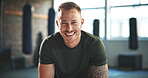 Gym face, laugh and happy man for exercise, fitness or boxing studio workout, wellness or bodybuilding strength training. Personal trainer, funny and portrait of sports athlete  for body development