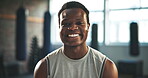 Fitness, gym and portrait of man with smile, training workout and exercise for healthy mindset and body. Personal trainer, person and athlete with muscle or power in professional club for wellness