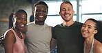 Gym team, laugh or class for exercise, fitness or boxing studio workout, wellness or training teamwork. Solidarity, funny friends or portrait of happy people, sports athlete or active community group