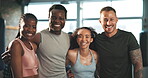 Gym class, happy people and friends laughing at exercise humour, fitness joke or community teamwork. Club unity, coaching team and diversity portrait of funny trainer, athlete or group solidarity