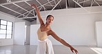 Black woman, ballet and dancing performance for art in training studio. Ballerina, creative and African person exercise, workout and moving for pose in fitness practice for wellness of healthy body