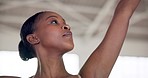 Ballerina, ballet and woman dance with moving arms in creative performance or stretching for theatre fitness. Training, person and face of dancer in studio in class workout on blurred background